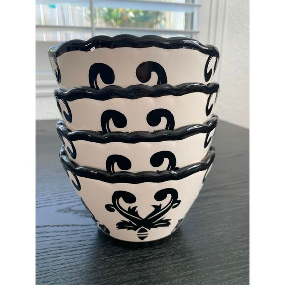 Set of 4 – 222 Fifth Black & White Damask Cereal / Soup Bowls - Picture 9 of 9